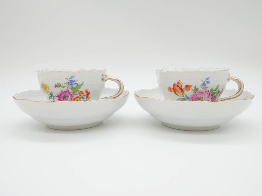 ドイツ　マイセン　Meissen　ベーシックフラワー　五つ花　繊細なデザインが上品な雰囲気を醸し出すティーカップ&ソーサー2客セット(洋食器、C&S)(R-070201)