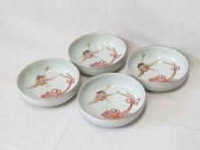 江戸期　伊万里　色絵　約13cm　4.5寸　鶴に巻物図　縁起の良い図柄が上品ななます皿4枚セット(小皿、和皿、深皿、和食器、四寸五分)(R-076762)