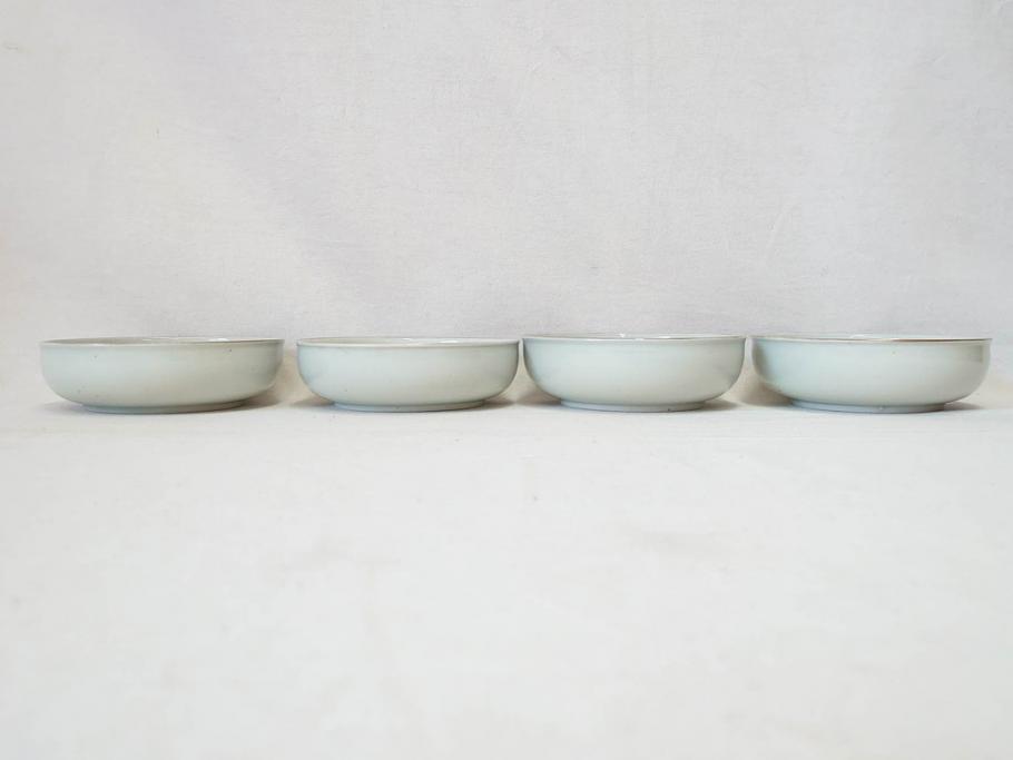 江戸期　伊万里　色絵　約13cm　4.5寸　鶴に巻物図　縁起の良い図柄が上品ななます皿4枚セット(小皿、和皿、深皿、和食器、四寸五分)(R-076762)