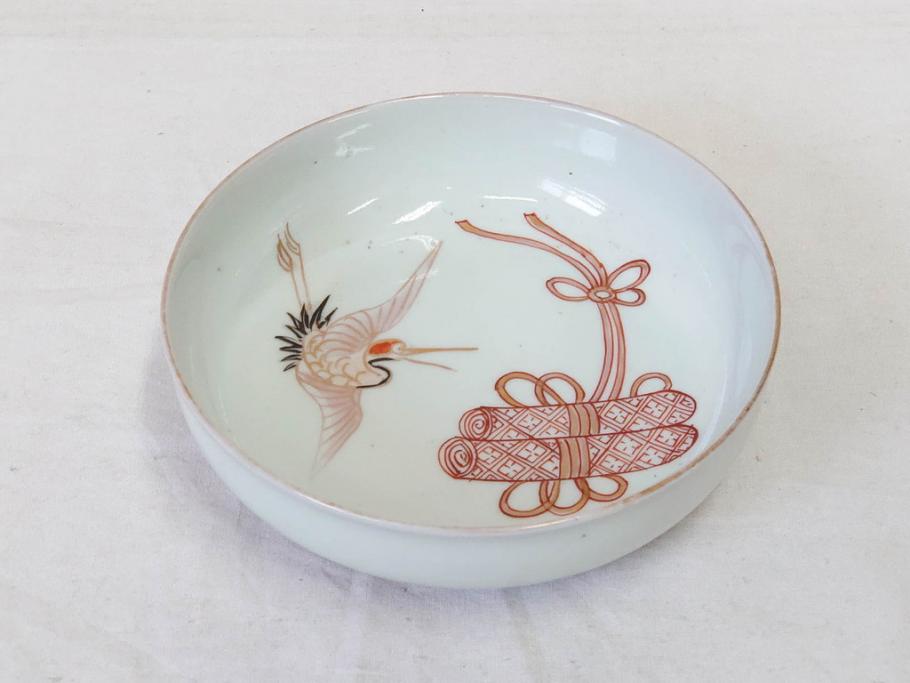 江戸期　伊万里　色絵　約13cm　4.5寸　鶴に巻物図　縁起の良い図柄が上品ななます皿4枚セット(小皿、和皿、深皿、和食器、四寸五分)(R-076762)