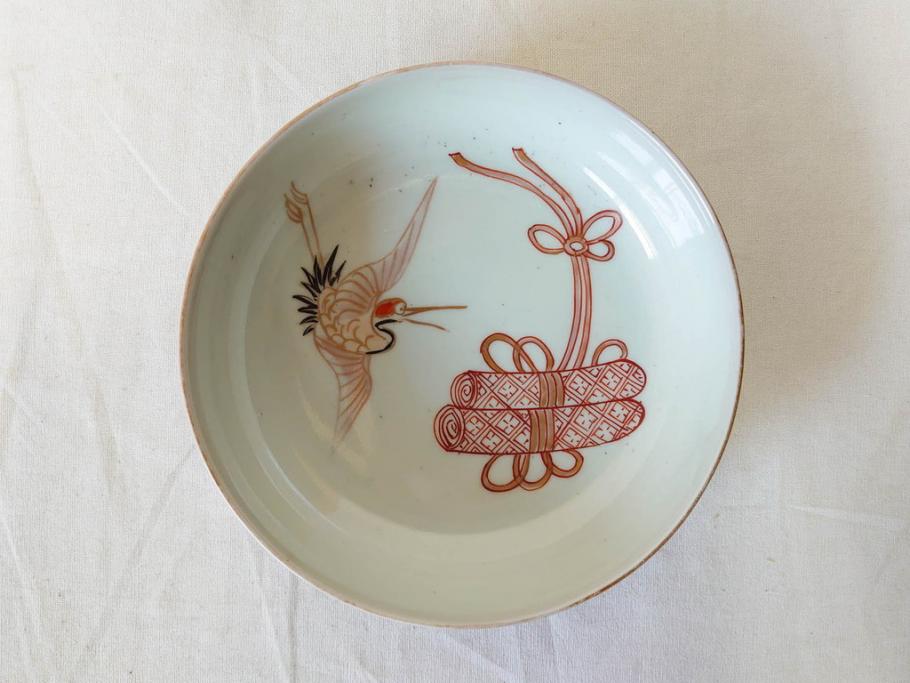 江戸期　伊万里　色絵　約13cm　4.5寸　鶴に巻物図　縁起の良い図柄が上品ななます皿4枚セット(小皿、和皿、深皿、和食器、四寸五分)(R-076762)