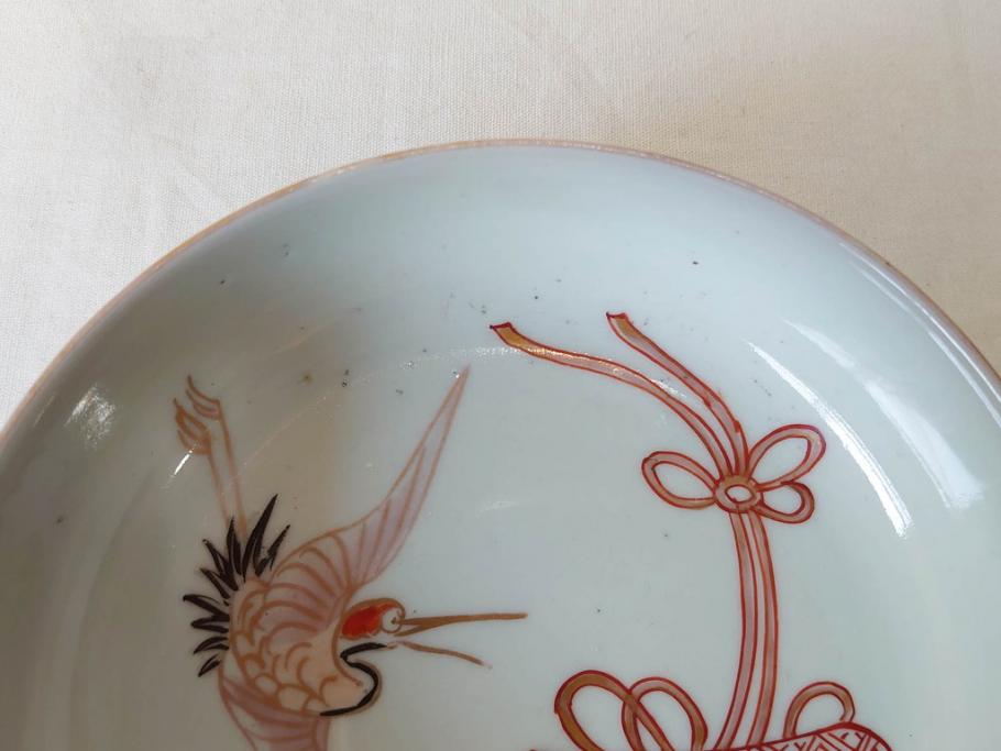 江戸期　伊万里　色絵　約13cm　4.5寸　鶴に巻物図　縁起の良い図柄が上品ななます皿4枚セット(小皿、和皿、深皿、和食器、四寸五分)(R-076762)
