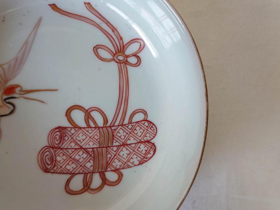 江戸期　伊万里　色絵　約13cm　4.5寸　鶴に巻物図　縁起の良い図柄が上品ななます皿4枚セット(小皿、和皿、深皿、和食器、四寸五分)(R-076762)