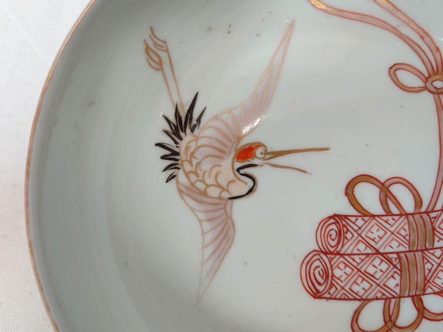 江戸期　伊万里　色絵　約13cm　4.5寸　鶴に巻物図　縁起の良い図柄が上品ななます皿4枚セット(小皿、和皿、深皿、和食器、四寸五分)(R-076762)