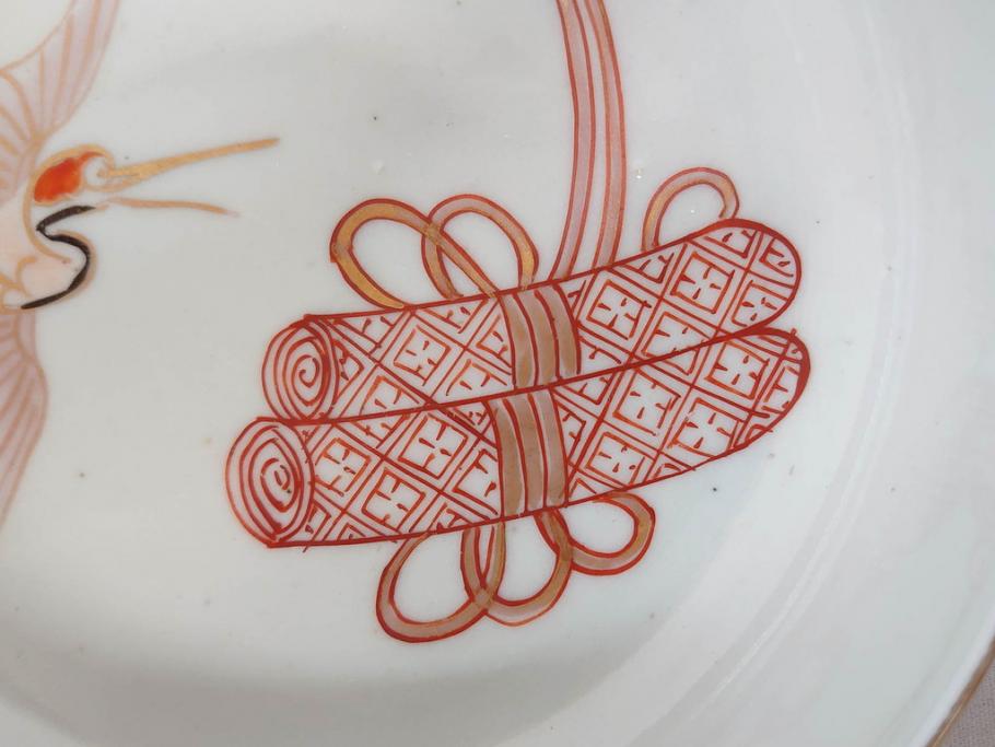 江戸期　伊万里　色絵　約13cm　4.5寸　鶴に巻物図　縁起の良い図柄が上品ななます皿4枚セット(小皿、和皿、深皿、和食器、四寸五分)(R-076762)