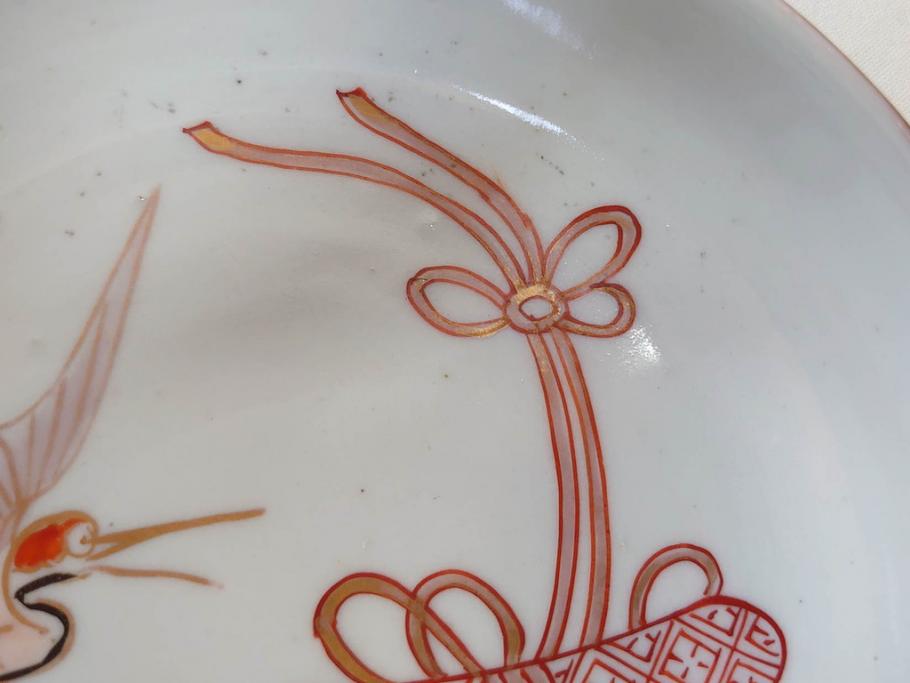 江戸期　伊万里　色絵　約13cm　4.5寸　鶴に巻物図　縁起の良い図柄が上品ななます皿4枚セット(小皿、和皿、深皿、和食器、四寸五分)(R-076762)