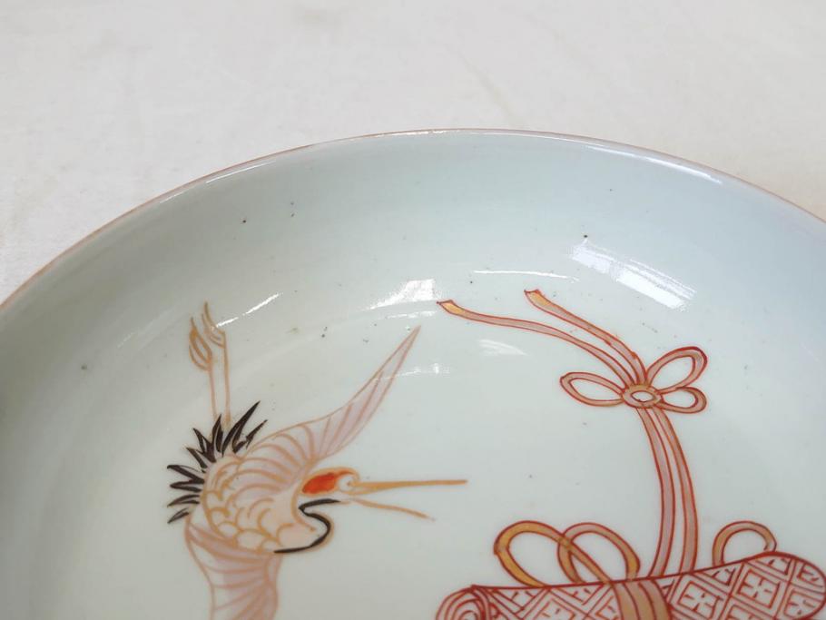 江戸期　伊万里　色絵　約13cm　4.5寸　鶴に巻物図　縁起の良い図柄が上品ななます皿4枚セット(小皿、和皿、深皿、和食器、四寸五分)(R-076762)