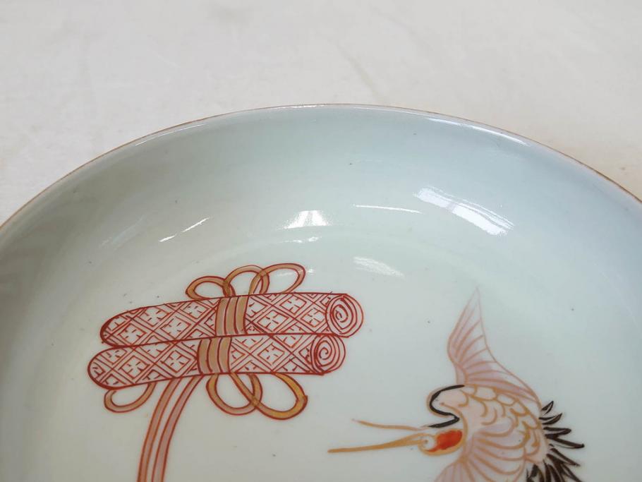江戸期　伊万里　色絵　約13cm　4.5寸　鶴に巻物図　縁起の良い図柄が上品ななます皿4枚セット(小皿、和皿、深皿、和食器、四寸五分)(R-076762)