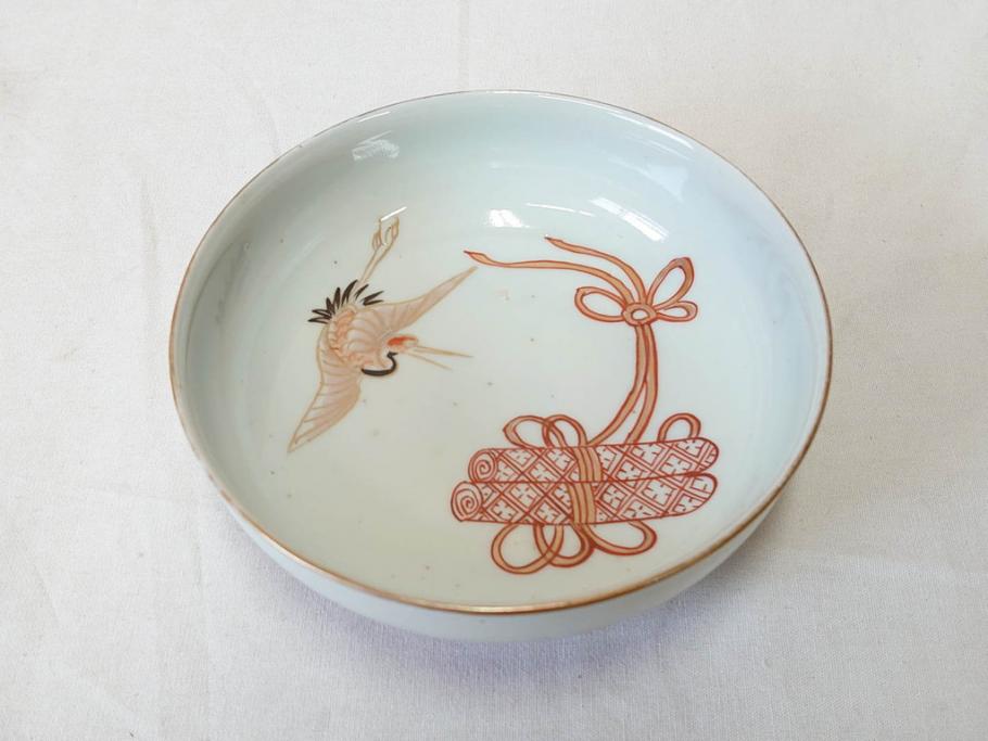 江戸期　伊万里　色絵　約13cm　4.5寸　鶴に巻物図　縁起の良い図柄が上品ななます皿4枚セット(小皿、和皿、深皿、和食器、四寸五分)(R-076762)