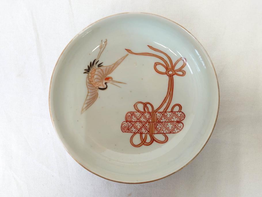 江戸期　伊万里　色絵　約13cm　4.5寸　鶴に巻物図　縁起の良い図柄が上品ななます皿4枚セット(小皿、和皿、深皿、和食器、四寸五分)(R-076762)