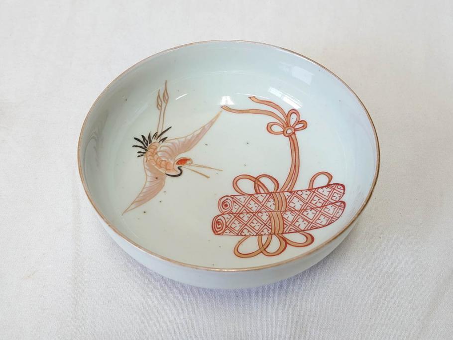 江戸期　伊万里　色絵　約13cm　4.5寸　鶴に巻物図　縁起の良い図柄が上品ななます皿4枚セット(小皿、和皿、深皿、和食器、四寸五分)(R-076762)