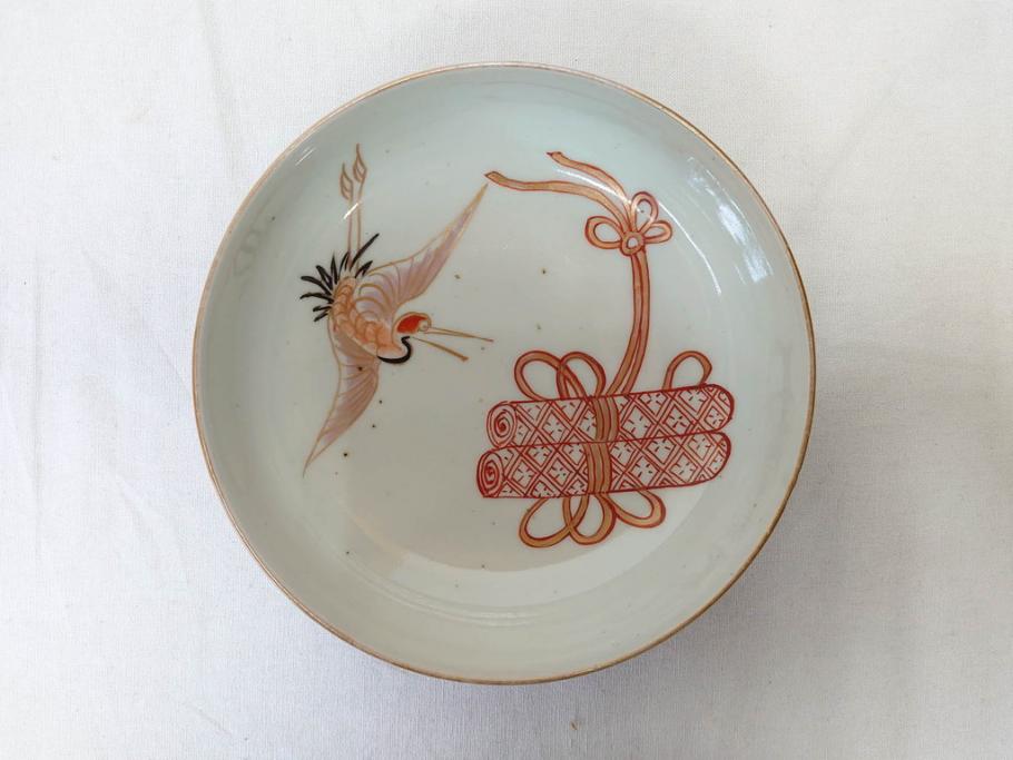 江戸期　伊万里　色絵　約13cm　4.5寸　鶴に巻物図　縁起の良い図柄が上品ななます皿4枚セット(小皿、和皿、深皿、和食器、四寸五分)(R-076762)