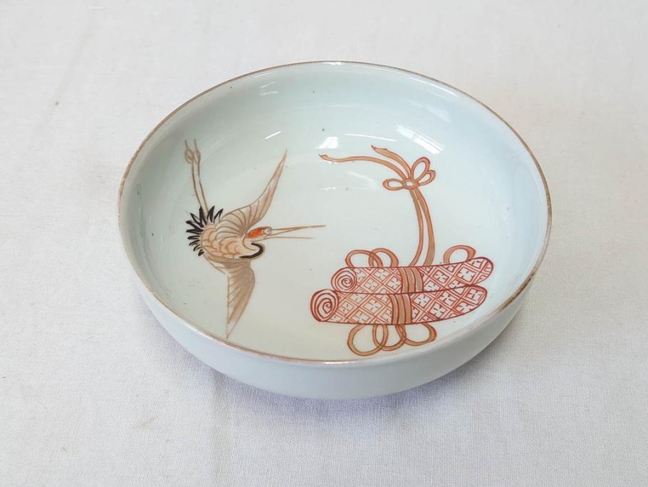 江戸期　伊万里　色絵　約13cm　4.5寸　鶴に巻物図　縁起の良い図柄が上品ななます皿4枚セット(小皿、和皿、深皿、和食器、四寸五分)(R-076762)