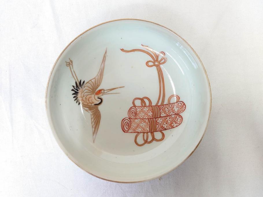 江戸期　伊万里　色絵　約13cm　4.5寸　鶴に巻物図　縁起の良い図柄が上品ななます皿4枚セット(小皿、和皿、深皿、和食器、四寸五分)(R-076762)