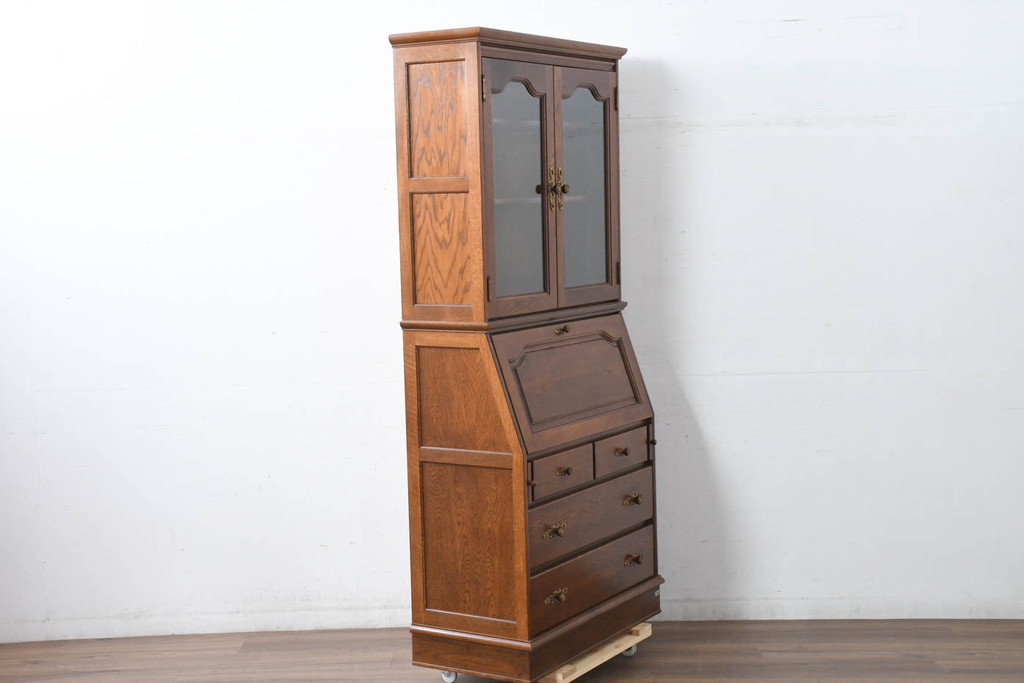中古　美品!!　北海道旭川 近藤工芸　Solid Furniture OAK (ソリッドファニチャー オーク)　オーク材　クラシカルで上品な佇まいのビューローブックケース(ライティングビューロー、簿記机、本箱、本棚、飾り棚、収納棚、戸棚、ワークデスク、在宅用、在宅ワーク用)(R-082612)