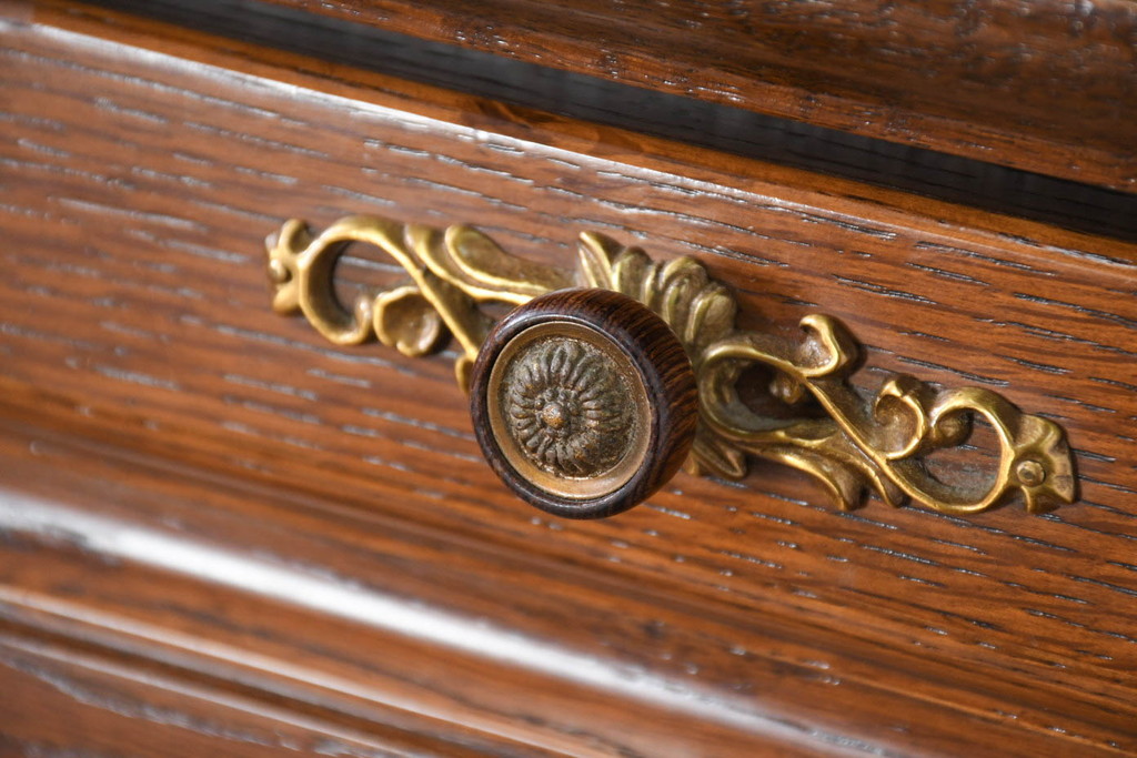 中古　美品!!　北海道旭川 近藤工芸　Solid Furniture OAK (ソリッドファニチャー オーク)　オーク材　クラシカルで上品な佇まいのビューローブックケース(ライティングビューロー、簿記机、本箱、本棚、飾り棚、収納棚、戸棚、ワークデスク、在宅用、在宅ワーク用)(R-082612)