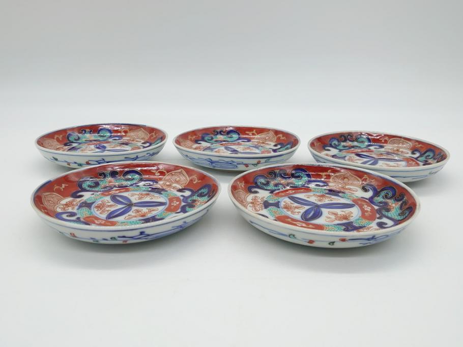明治期　伊万里焼　色絵　金彩　花文　4寸皿　約12㎝　色彩豊かで食卓に華やぎをもたらす小皿5客セット(四寸、赤絵、和食器、和皿)(R-062189)