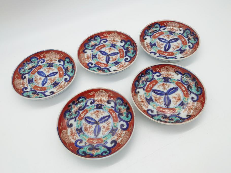 明治期　伊万里焼　色絵　金彩　花文　4寸皿　約12cm　色彩豊かで食卓に華やぎをもたらす小皿5客セット(四寸、赤絵、和食器、和皿)(R-062189)