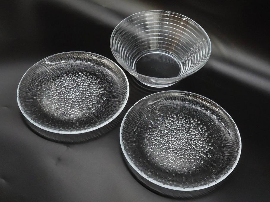 フィンランド　iittala(イッタラ)　AINO AALTO(アイノ・アアルト)　約23cm/Ultima Thule(ウルティマツーレ)　約25cm　空間に豊かな表情を与えるプレート2枚&ボウルセット(ガラス、深皿、深鉢、硝子、北欧)(R-083080)
