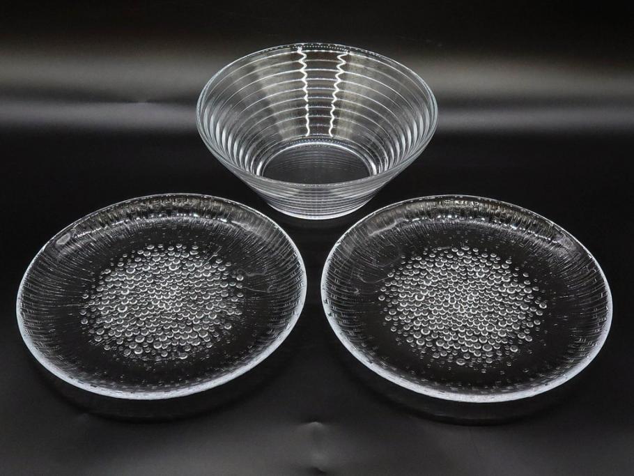 フィンランド　iittala(イッタラ)　AINO AALTO(アイノ・アアルト)　約23cm/Ultima Thule(ウルティマツーレ)　約25cm　空間に豊かな表情を与えるプレート2枚&ボウルセット(ガラス、深皿、深鉢、硝子、北欧)(R-083080)