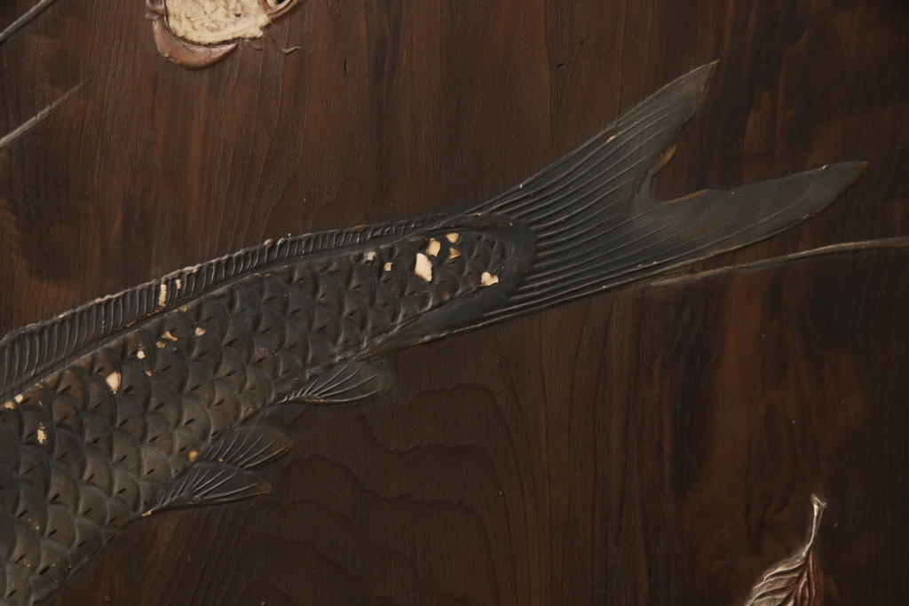 和製アンティーク　高級杉材　大迫力の鯉の漆絵入り衝立て(つい立て、衝い立て、パーテーション、仕切り)(R-068920)