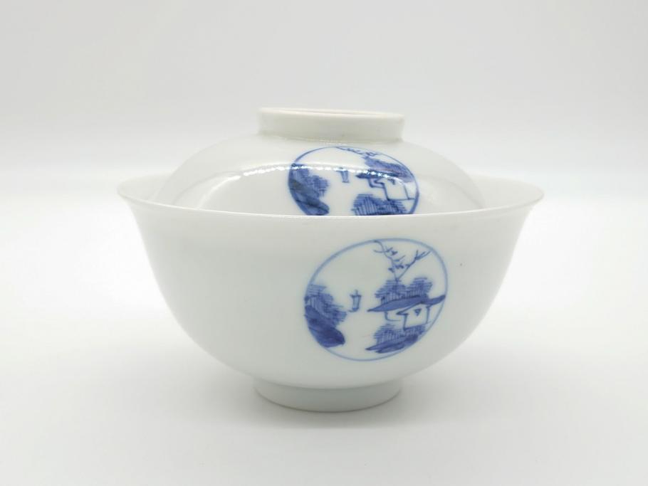 江戸期　古伊万里　大明成化年製　染付　山水文　丸文　3.6寸　約11cm　温かみのあるフォルムが魅力の蓋付き茶碗5客セット(三寸六分、和食器、和皿)(R-062246)