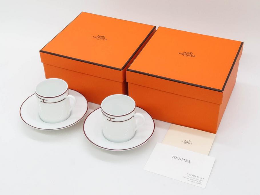 フランス　HERMES(エルメス)　リズム　洗練されたデザインが魅力のコーヒーカップ&ソーサー2客セット(C&S、金彩、碗皿、洋食器、共箱付)(R-083283)