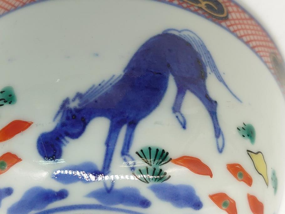 江戸期　大明萬暦年製　古伊万里　色絵　染付　稀少図柄　馬　3.8寸　約11.5cm　生き生きとした馬の絵付けが魅力の蓋付き茶碗3客セット(和食器、三寸八分)(R-062243)