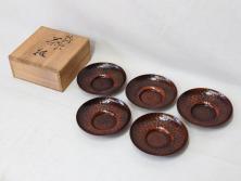 純銅　独特な質感が味わい深い茶托5枚セット(銅製托子、鎚目、鎚起、五客揃、銅器、茶道具、煎茶道具、共箱付き)(R-076766)