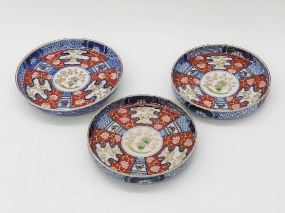 江戸期　古伊万里　色絵　染付　約13cm　4.3寸　華やかな図柄が目を惹く小皿3枚セット(和皿、和食器、四寸三分)(R-076788)