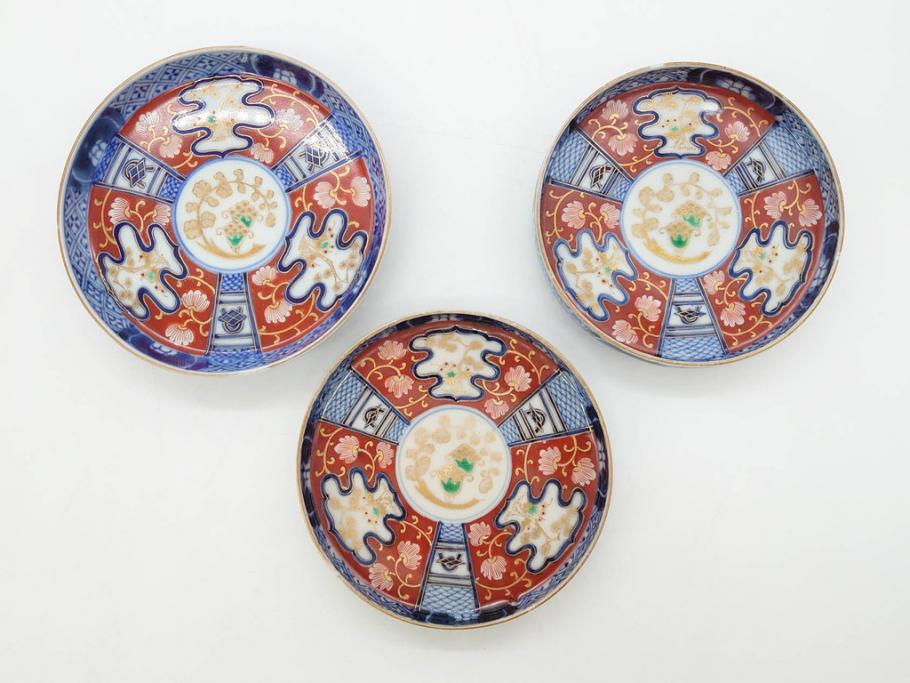 江戸期　古伊万里　色絵　染付　約13cm　4.3寸　華やかな図柄が目を惹く小皿3枚セット(和皿、和食器、四寸三分)(R-076788)