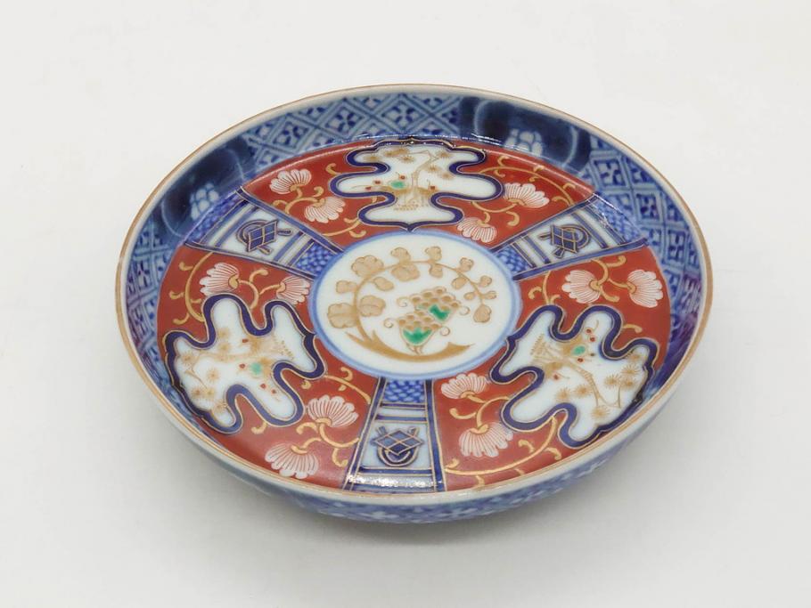 江戸期　古伊万里　色絵　染付　約13cm　4.3寸　華やかな図柄が目を惹く小皿3枚セット(和皿、和食器、四寸三分)(R-076788)