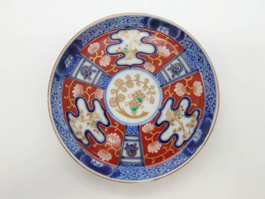 江戸期　古伊万里　色絵　染付　約13cm　4.3寸　華やかな図柄が目を惹く小皿3枚セット(和皿、和食器、四寸三分)(R-076788)