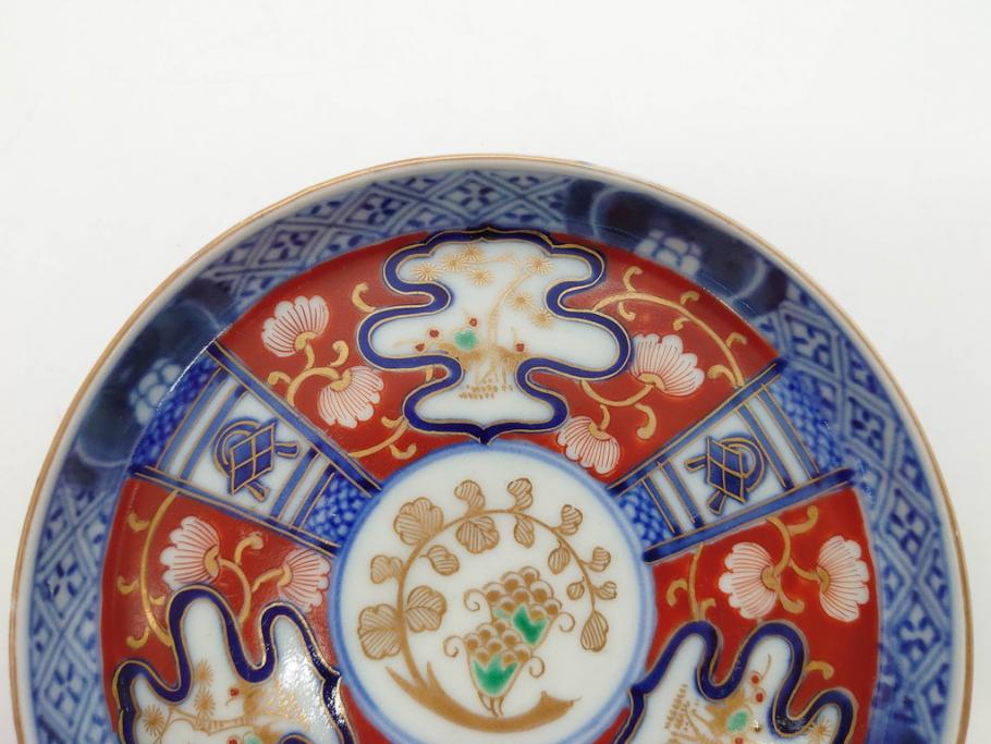 江戸期　古伊万里　色絵　染付　約13cm　4.3寸　華やかな図柄が目を惹く小皿3枚セット(和皿、和食器、四寸三分)(R-076788)