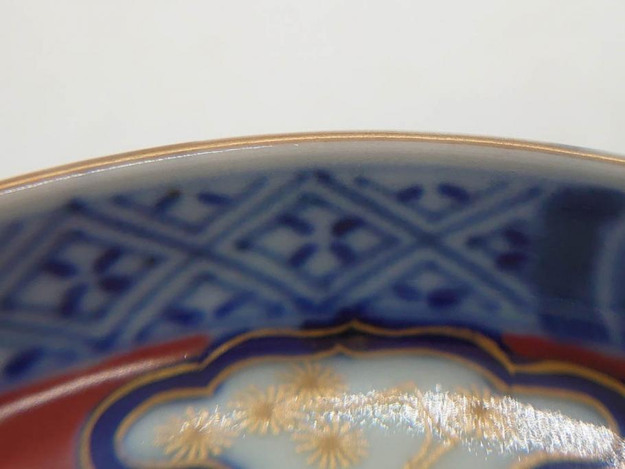 江戸期　古伊万里　色絵　染付　約13cm　4.3寸　華やかな図柄が目を惹く小皿3枚セット(和皿、和食器、四寸三分)(R-076788)