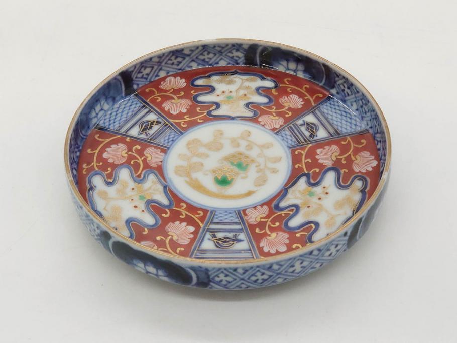 江戸期　古伊万里　色絵　染付　約13cm　4.3寸　華やかな図柄が目を惹く小皿3枚セット(和皿、和食器、四寸三分)(R-076788)