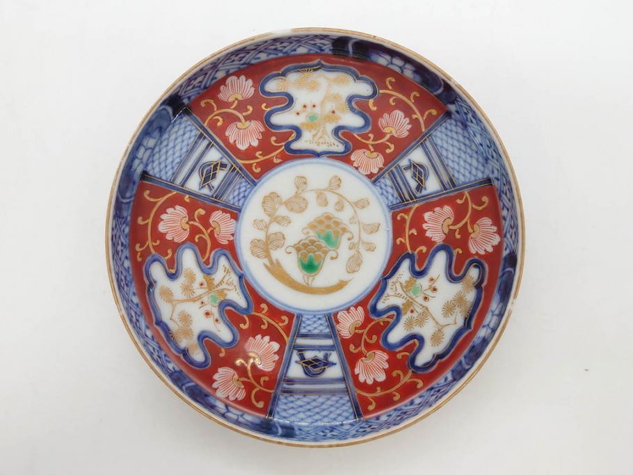江戸期　古伊万里　色絵　染付　約13cm　4.3寸　華やかな図柄が目を惹く小皿3枚セット(和皿、和食器、四寸三分)(R-076788)