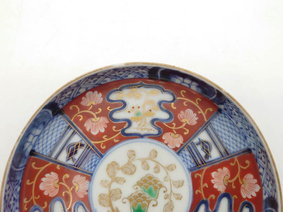 江戸期　古伊万里　色絵　染付　約13cm　4.3寸　華やかな図柄が目を惹く小皿3枚セット(和皿、和食器、四寸三分)(R-076788)