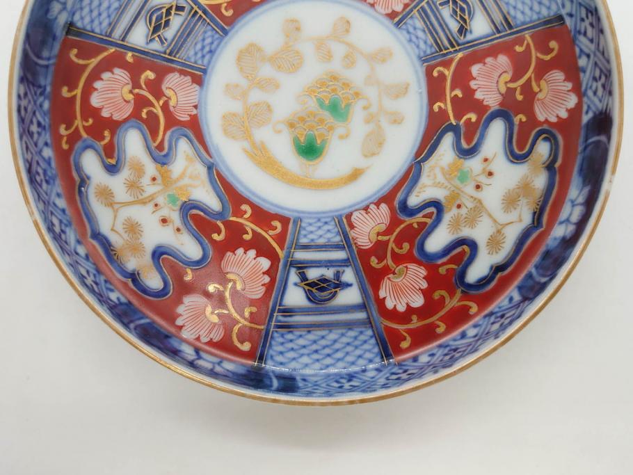 江戸期　古伊万里　色絵　染付　約13cm　4.3寸　華やかな図柄が目を惹く小皿3枚セット(和皿、和食器、四寸三分)(R-076788)