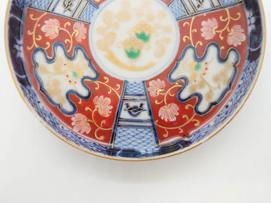 江戸期　古伊万里　色絵　染付　約13cm　4.3寸　華やかな図柄が目を惹く小皿3枚セット(和皿、和食器、四寸三分)(R-076788)