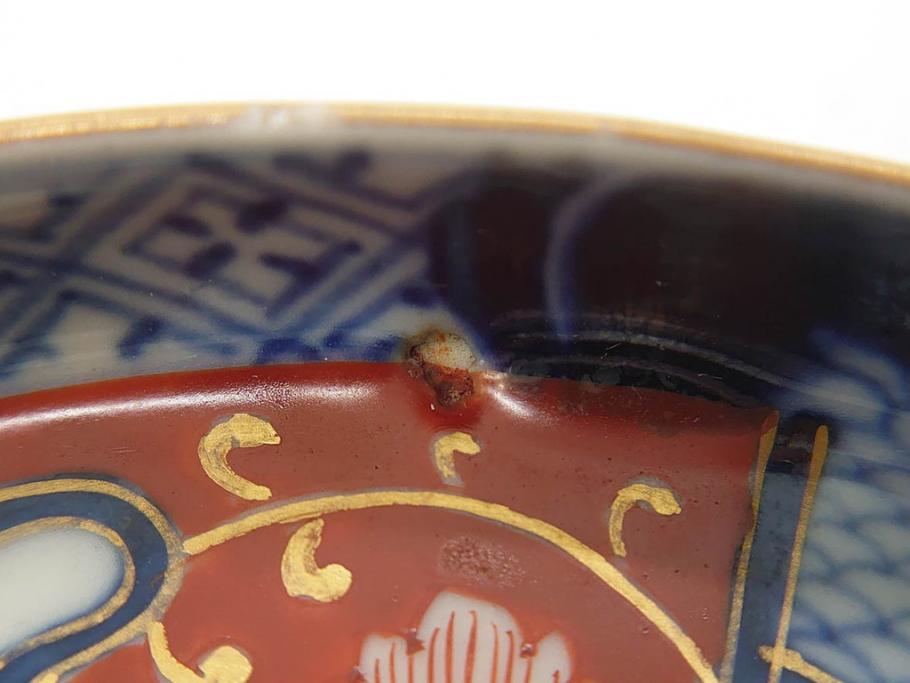 江戸期　古伊万里　色絵　染付　約13cm　4.3寸　華やかな図柄が目を惹く小皿3枚セット(和皿、和食器、四寸三分)(R-076788)