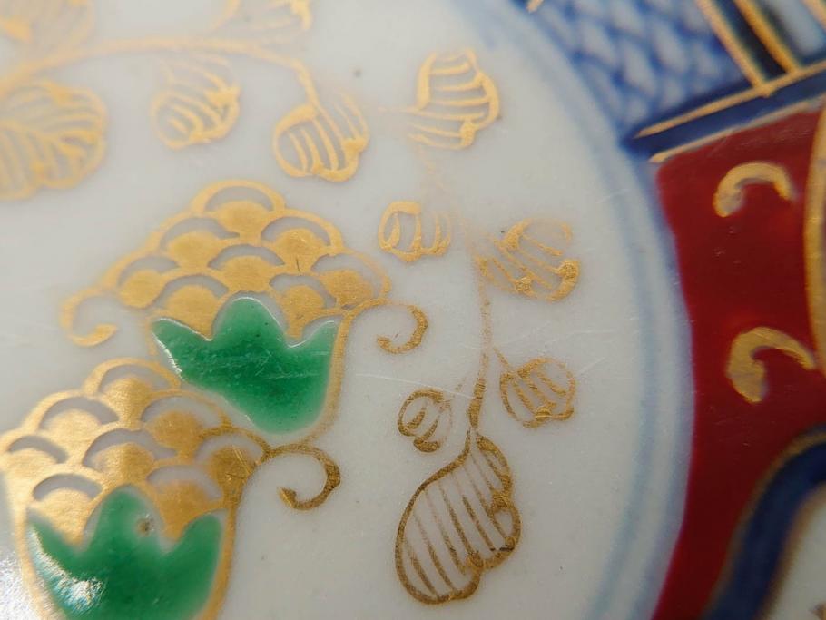 江戸期　古伊万里　色絵　染付　約13cm　4.3寸　華やかな図柄が目を惹く小皿3枚セット(和皿、和食器、四寸三分)(R-076788)