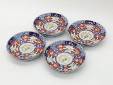 江戸期　古伊万里　色絵　染付　約12cm　4寸　華やかな図柄が目を惹く小皿4枚セット(和皿、和食器、四寸)(R-076789)