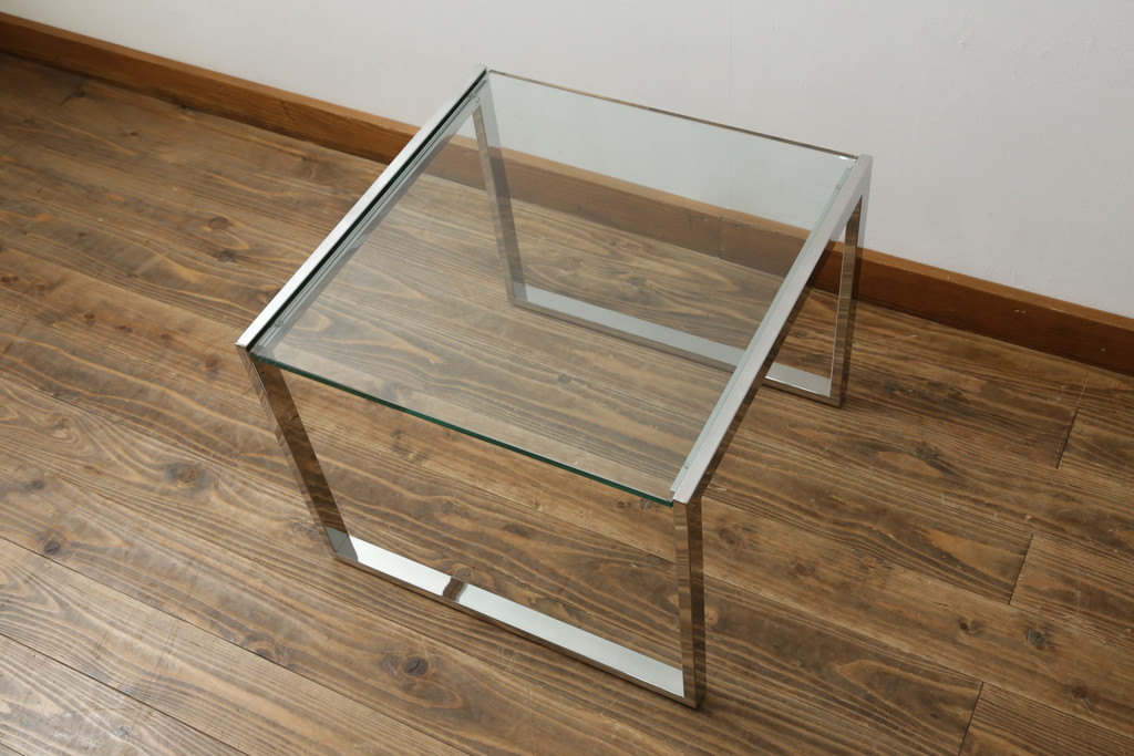 ★I様専用・ご決済用★中古　オーダー製作品　廃番　AIDEC MODERN(アイデックモダン)　ZONE(ゾーン)52G　ステンレス脚とガラストップの組み合わせがクールでおしゃれなローテーブル(センターテーブル、コーヒーテーブル、カフェテーブル、サイドテーブル)(定価約14万5千円)(R-069837)