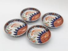 江戸期　古伊万里　富貴長春　染付　鳳凰花図　約12cm　3.8寸　華やかな演出にぴったりの小皿4枚セット(なます皿、和皿、和食器、三寸八分)(R-076806)