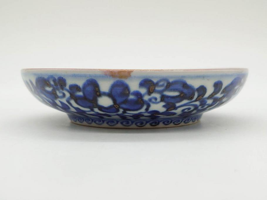 江戸期　古伊万里　富貴長春　染付　鳳凰花図　約12cm　3.8寸　華やかな演出にぴったりの小皿4枚セット(なます皿、和皿、和食器、三寸八分)(R-076807)