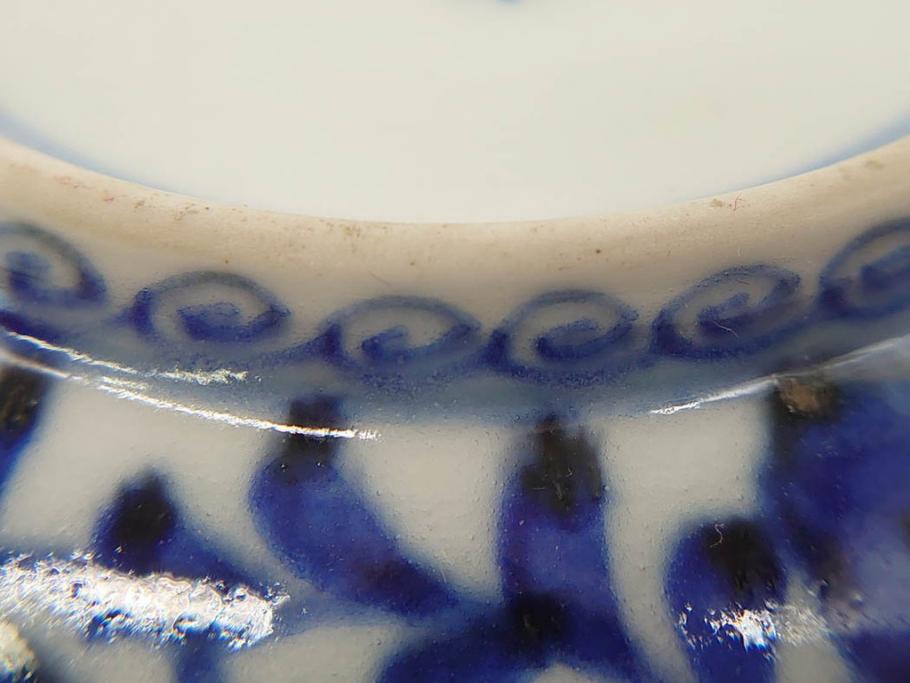 江戸期　古伊万里　富貴長春　染付　鳳凰花図　約12cm　3.8寸　華やかな演出にぴったりの小皿4枚セット(なます皿、和皿、和食器、三寸八分)(R-076807)