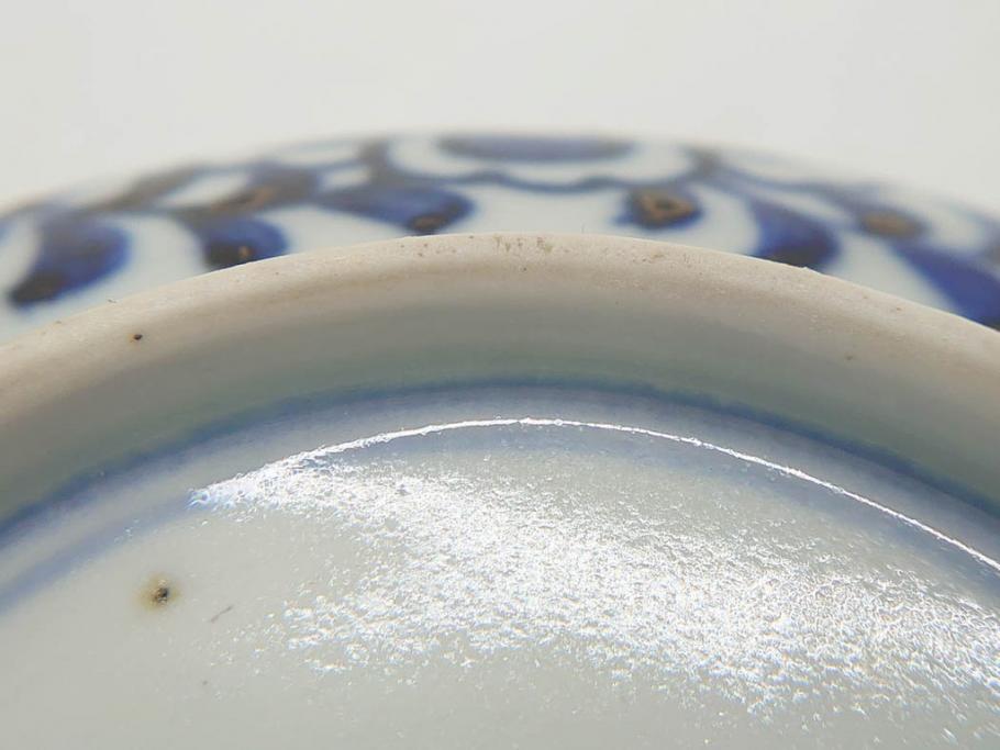 江戸期　古伊万里　富貴長春　染付　鳳凰花図　約12cm　3.8寸　華やかな演出にぴったりの小皿4枚セット(なます皿、和皿、和食器、三寸八分)(R-076807)