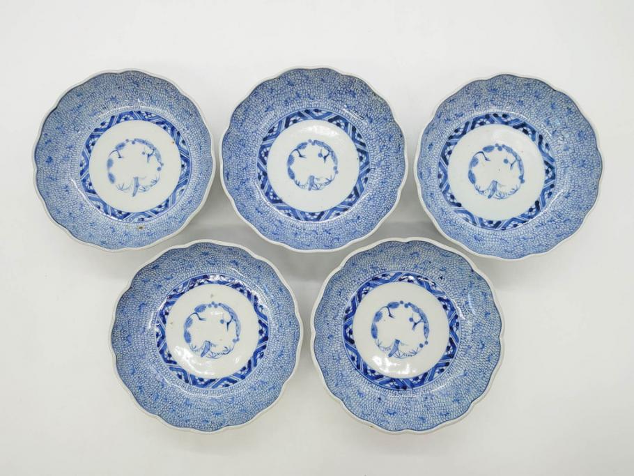 江戸後期　古伊万里　成化年製　微塵唐草文染付　約15cm　5寸　繊細な線描きが見事ななます皿5枚セット(みじんからくさ、中皿、和皿、和食器、五寸)(R-076810)