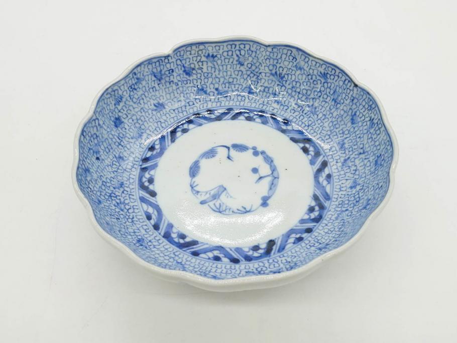 江戸後期　古伊万里　成化年製　微塵唐草文染付　約15cm　5寸　繊細な線描きが見事ななます皿5枚セット(みじんからくさ、中皿、和皿、和食器、五寸)(R-076810)